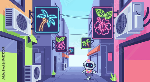 Cartoon Robot in Tropical Cityscape with Neon Signs and Air Conditioners.