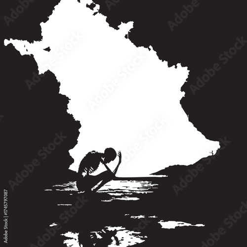 Contemplative Silhouette in Cave Vector — Black and White Illustration of Person Reflected in Water within France-Shaped Opening