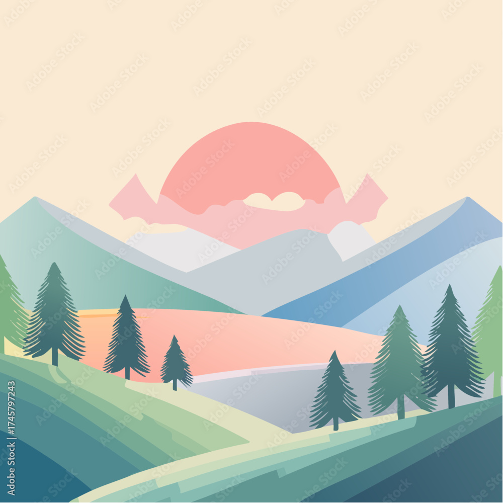 Fototapeta premium Pastel colored mountain landscape illustration with a rising pink sun and pine trees.