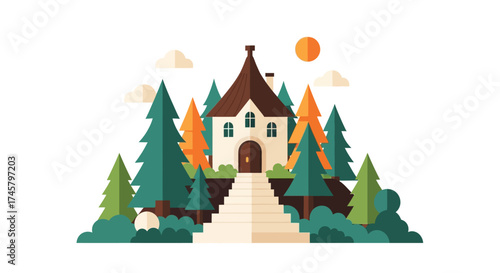 Charming house nestled among tall pine trees in a serene forest setting.