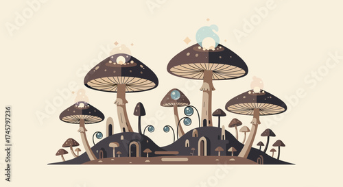 Charming illustrated fantasy mushroom village with tiny houses and cute creatures.