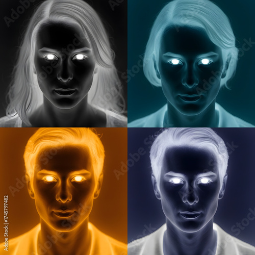 Generative AI Four faces, inverted colors, glowing eyes Portrait Inverted colors Glowing eyes Four faces Grid Woman Man Face Digital art High contrast Dark background - Modern Look
