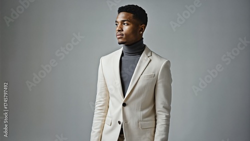 Stylish Man In Cream Blazer. Modern Fashion With Turtleneck Against Gray Studio Background