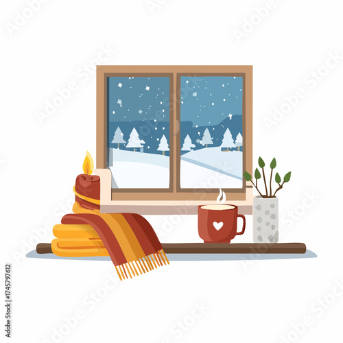Cozy winter windowsill scene with a steaming mug lit candle and a warm scarf overlooking a snowy landscape.
