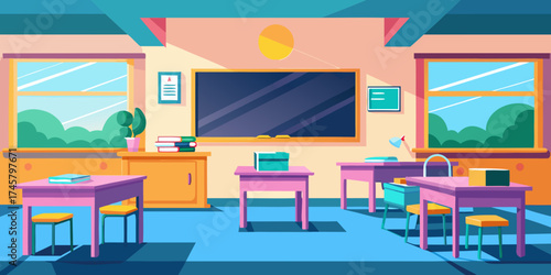 empty classroom with a table and chairs