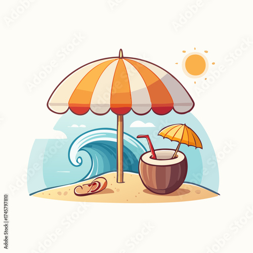 Wallpaper Mural Vibrant Beach Day Illustration with Striped Umbrella and Coconut Drink. Torontodigital.ca