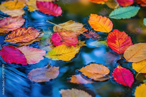 Colorful Autumn Leaves Floating on Water Surface with Natural Light