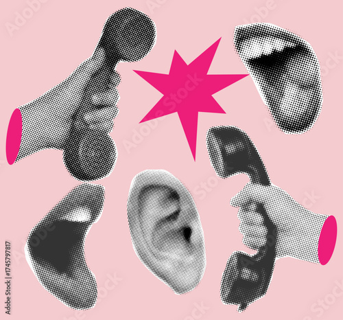 Halftone collage elements hand holding old telephone,ear and screaming mouth,trendy collage elements