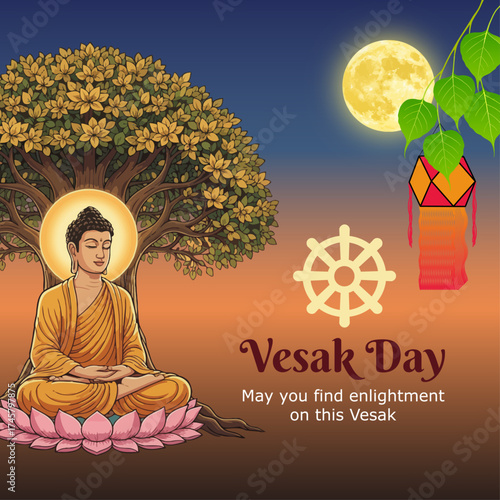 Vesak Day Flyer: Happy Greeting with Buddha under Bodhi Tree, Dharma Wheel, Full Moon Lantern, Spiritual Enlightenment