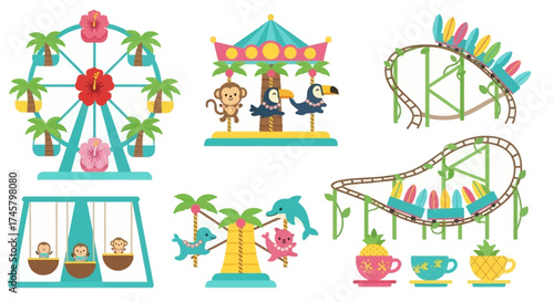 Collection of cartoon amusement park rides and attractions with tropical theme.