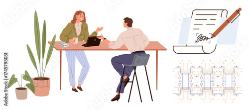 Two colleagues conversing at a desk with a laptop, signed document, pencil, and digital diagram. Ideal for teamwork, collaboration, business, management, communication technology contract