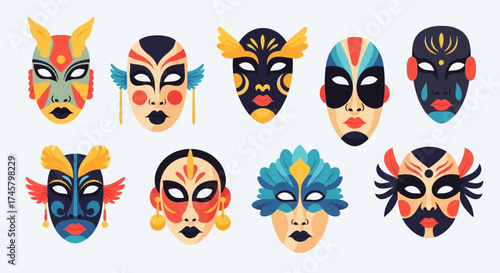Collection of Colorful Tribal Masks with Intricate Designs.