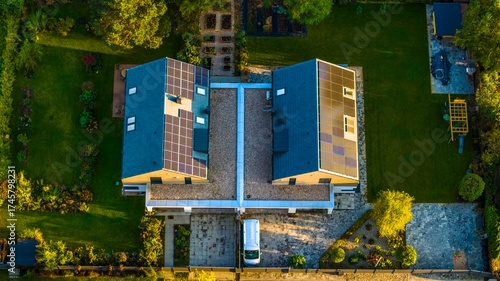 Eco-friendly semi-detached house with solar panels and a vegetable garden among colourful autumn trees, Aerial top down view from drone.