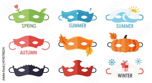 Collection of colorful vector masks representing the four seasons.