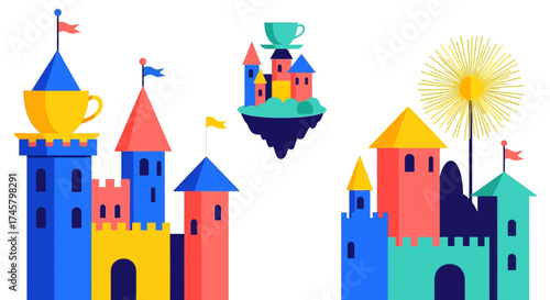 Collection of colorful whimsical fantasy castles illustration.