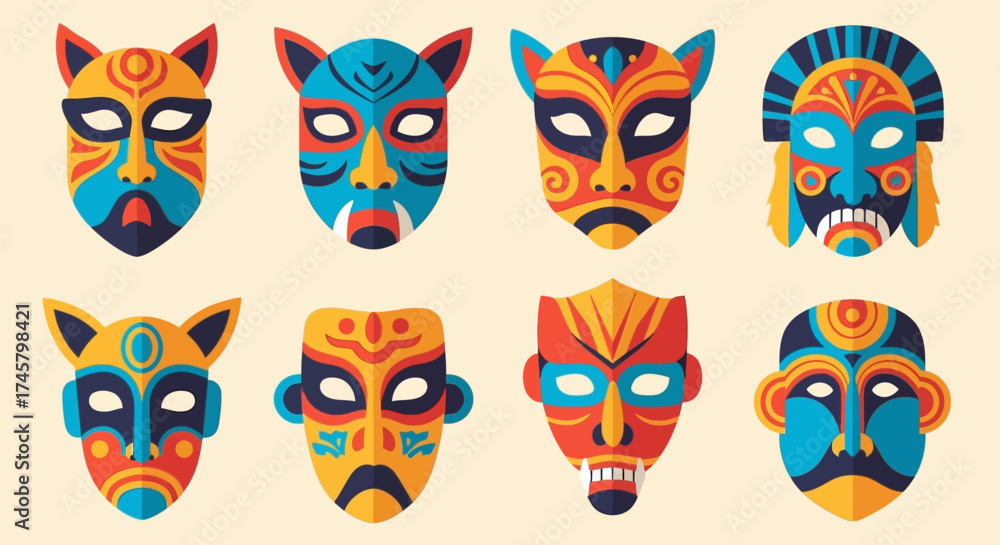 custom made wallpaper toronto digitalCollection of eight colorful tribal masks with intricate designs.
