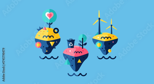 Collection of floating islands promoting green energy and recycling.