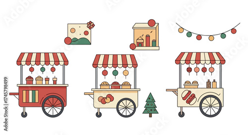 Collection of Illustrated Christmas Market Food Carts.
