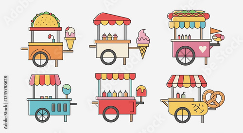 Collection of six colorful cartoon food carts with awnings and wheels.