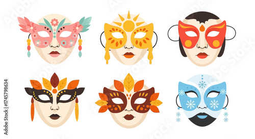 Collection of six colorful masquerade masks with intricate designs and feathers.