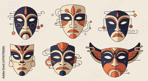Collection of Six Stylized Ethnic Tribal Masks Illustrations.