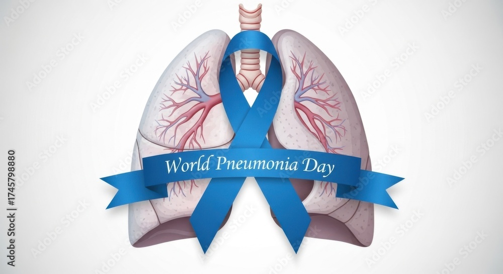 Fototapeta premium World Pneumonia Day poster showing human lungs with a blue awareness ribbon, symbolizing respiratory health, prevention, and medical education