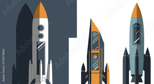 Collection of three stylized vector space rockets.