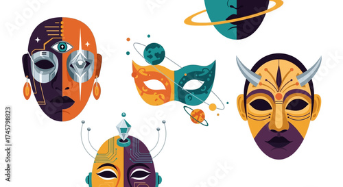 Collection of stylized tribal and futuristic masks with celestial elements.