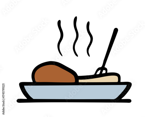 Doodle plate of food for lunch or dinner. Vector illustration of cartoon hot breakfast, meat and vegetables. Dish and fork for supper.