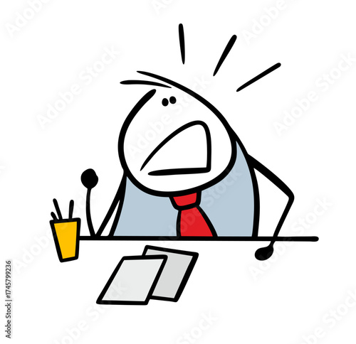 Very aggressive boss sits at a desk and yells at subordinates and colleagues. Vector illustration of a strict barefoot man in a business suit, a businessman in an office, giving instructions.