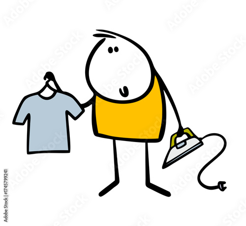 Cartoon stickman holds a hanger with a clean shirt and an electric iron. Vector illustration of a teenager doing his homework.  Discipline and order in the house.