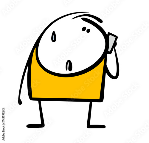 Worried and upset, stickman makes a phone call. Vector illustration of a teenager talking on doodle smartphone, sweat running down his face. Cartoon unpleasant mobile conversation.