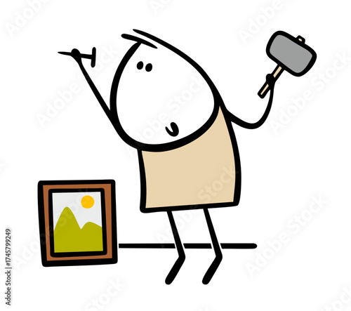 House master swings a hammer, drives  nail into   wall. Vector illustration of stickman hanging  painting in the living room. Museum or gallery. masterpieces of painting in an antique frame.