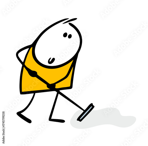 Cartoon housewife cleans the floor. Vector illustration of a man wiping water and dirt with a mop. Fun housework.
