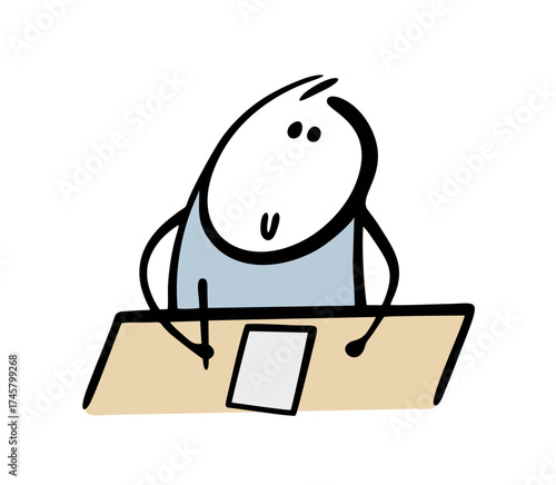Kind stickman sits at  table and writes a letter, does his homework, composes poetry. vector illustration of a man waiting for inspiration.  Doodle student is at school, textbooks and notebook.