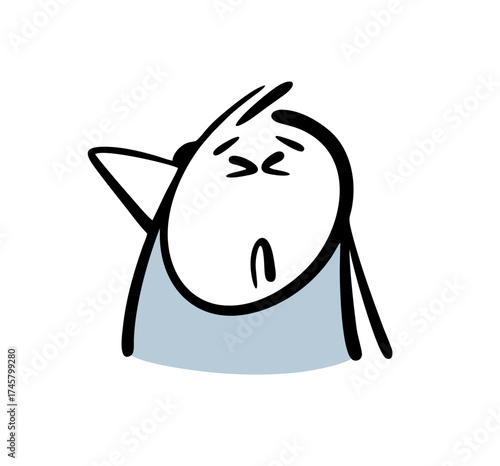 Stickman squeezed his eyes shut in annoyance. He clutched his head. Vector illustration of a cartoon character  headache.