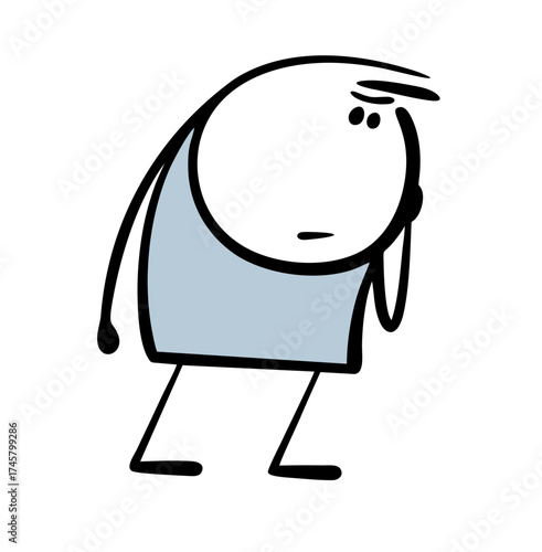 Cartoon stickman thinks, remembers. A frustrated character has a bad memory. Vector illustration of a child or teenager who forgot doodle  lesson.
