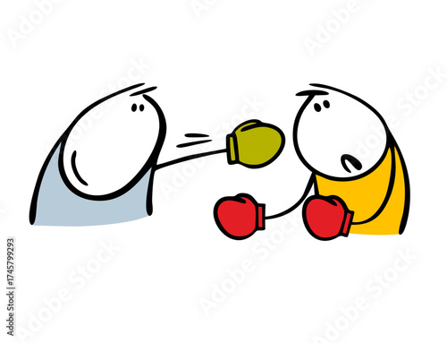 Two athletes wearing boxing gloves are fighting in the ring. Vector illustration of a boxer punching an opponent in the face. Cartoon boxing competitions. Knockdown and victory.