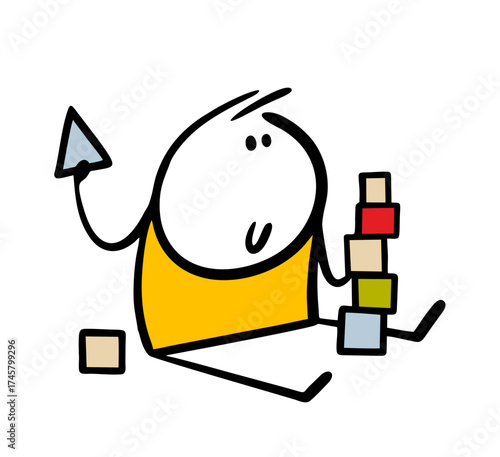 Cartoon cute little child is sitting on the floor, building a pyramid of cubes, a tall tower. Vector illustration game, educational toys for children.