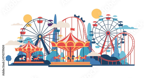 Colorful Amusement Park Illustration with Thrilling Rides and Carousels.