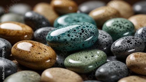 Polished stones arranged for spa and healing body relaxation or decorative use captured in serene setting showcasing wellness, balance, and natural beauty