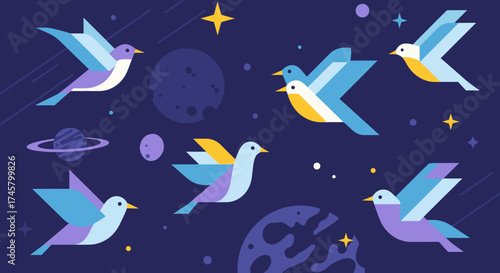 Colorful Birds Flying in a Stylized Space Environment.