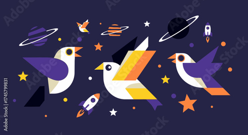 Colorful birds flying in space with planets and stars illustration.