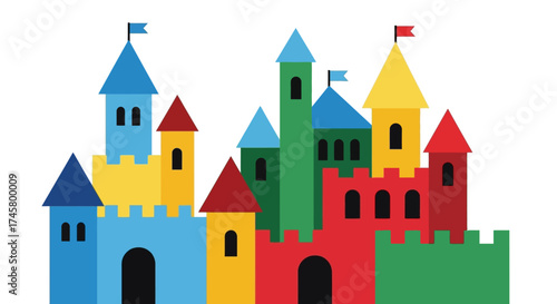 Colorful cartoon fairytale castle with multiple towers and flags.