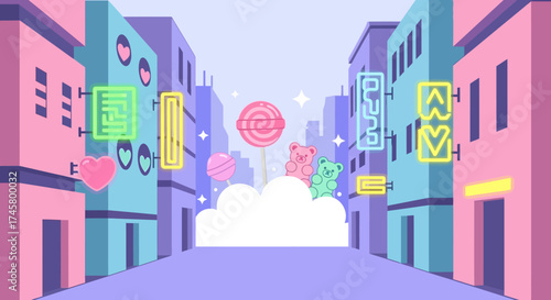 Colorful cartoon city street with glowing neon signs and icons.