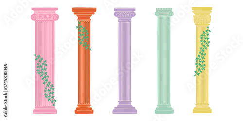 Greek and Roman cartoon columns inspired by ancient mythology, with marble texture and stone grooves. Decorative architectural element perfect for design and history projects
