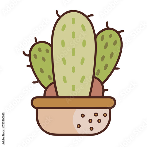 Cactus in a decorative pot with green pads and spines  