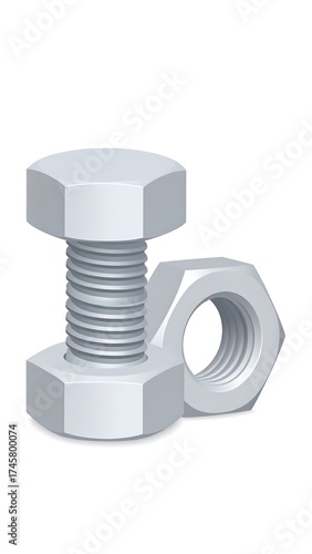 3D Illustration of a bolt and nut.  Light gray metal