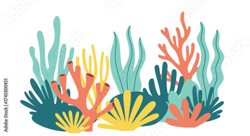 Colorful coral reef illustration showcasing diverse marine life and vibrant underwater ecosystem.
