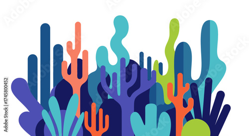 Colorful coral reef illustration with various shapes and vibrant hues.